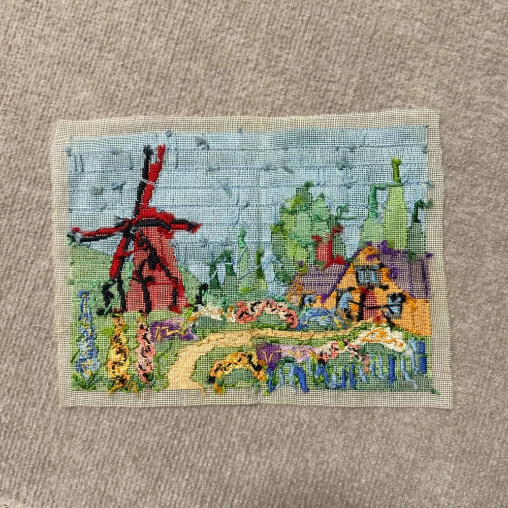 Vintage Sunset Pictures Needlepoint Windmill Cottage Landscape Made in USA 3374‎